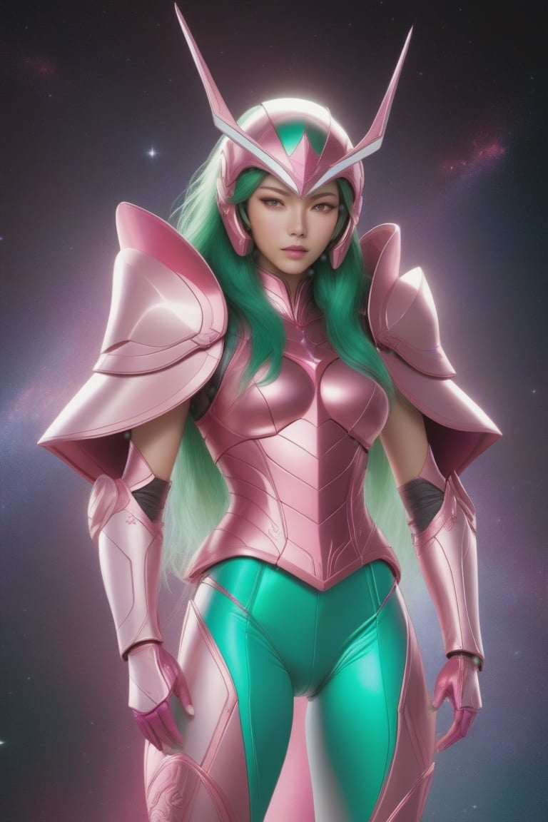 8k realistic image of tall and slim woman, perfect chest, slim waist, ((long wavy green hair)). ((metallic pink andromeda shun armor from neck to waist, without shoulder pads)), ((metallic pink armor that covers the upper arm and extends over the shoulder)), ((metallic pink helmet))