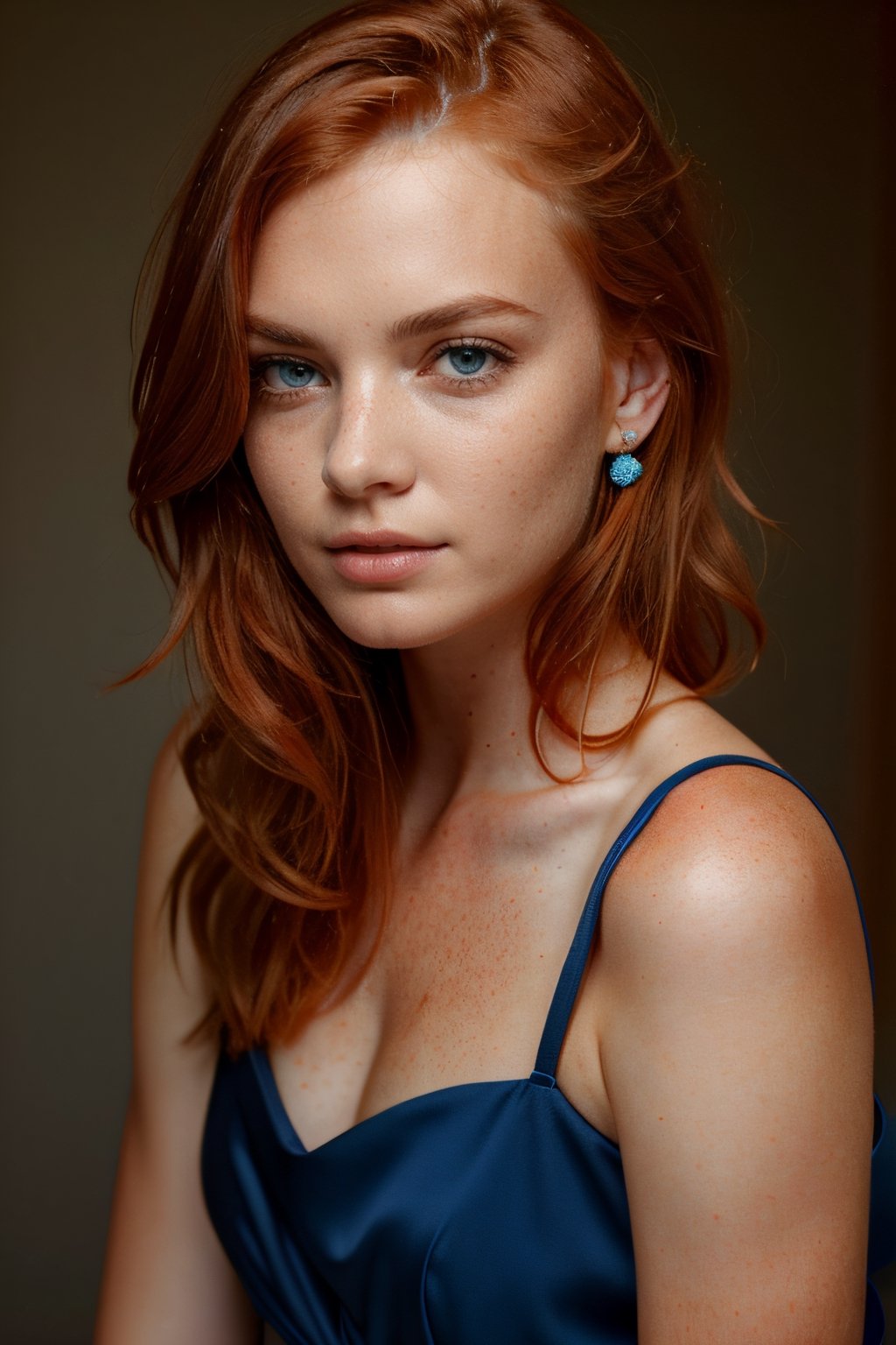 beautiful woman, 20s, image of face, ((intense blue eyes)), ((intensive redhead, medium length)), blue dress, ((small red freckles))