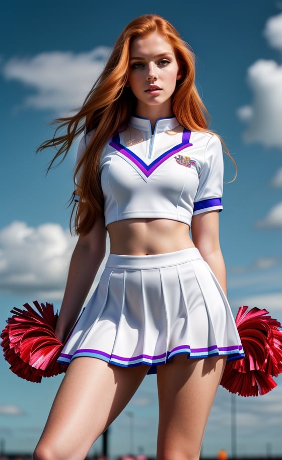 super realistic image, high quality uhd 8K, of 1 girl, detailed realistic ((slim body, high detailed)), (tall model), redhead, long ginger hair, high detailed realistic skin, (cheerleader uniform long miniskirt), real vivid colors, standing