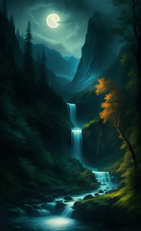 at night, beautiful waterfall between mountains, torrent of falling water, fantasy atmosphere, green environment, river, moonlit, good lighting, photorealistic image, masterpiece, high quality, sharp focus