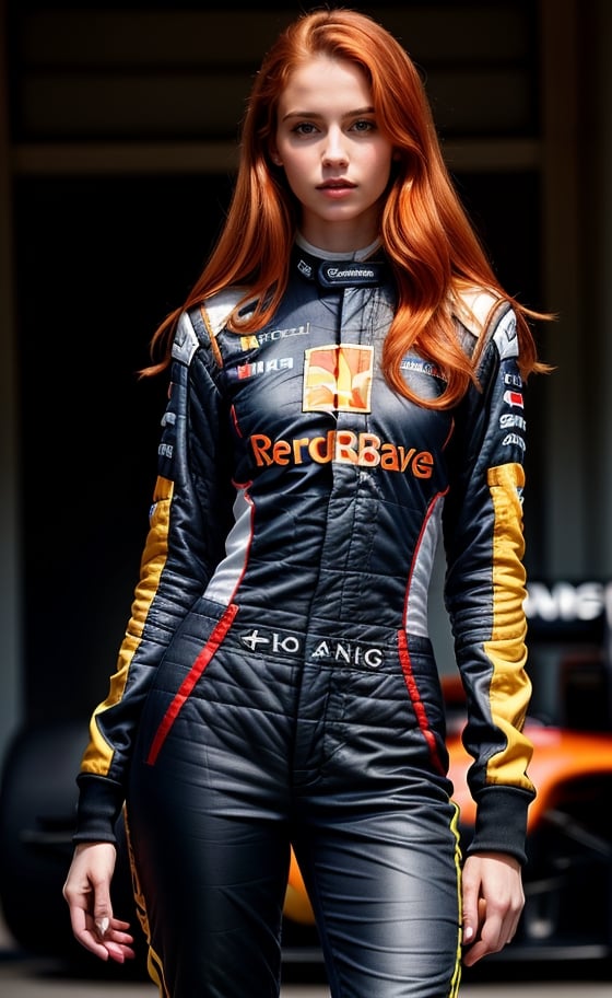 super realistic image, high quality uhd 8K, of 1 girl, detailed realistic ((slim body, high detailed)), (skinny waist), (tall model), redhead, long ginger hair, high detailed realistic skin, (formula one racing driver uniform), real vivid colors, standing,girl,