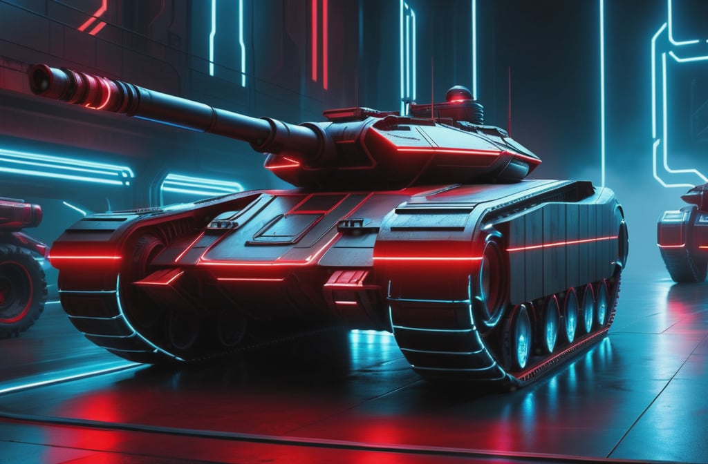 photorealistic image, masterpiece, high quality 8K, of a futuristic science fiction fantasy super tank, Tron legacy, black and red neon lights, good lighting, at night, sharp focus