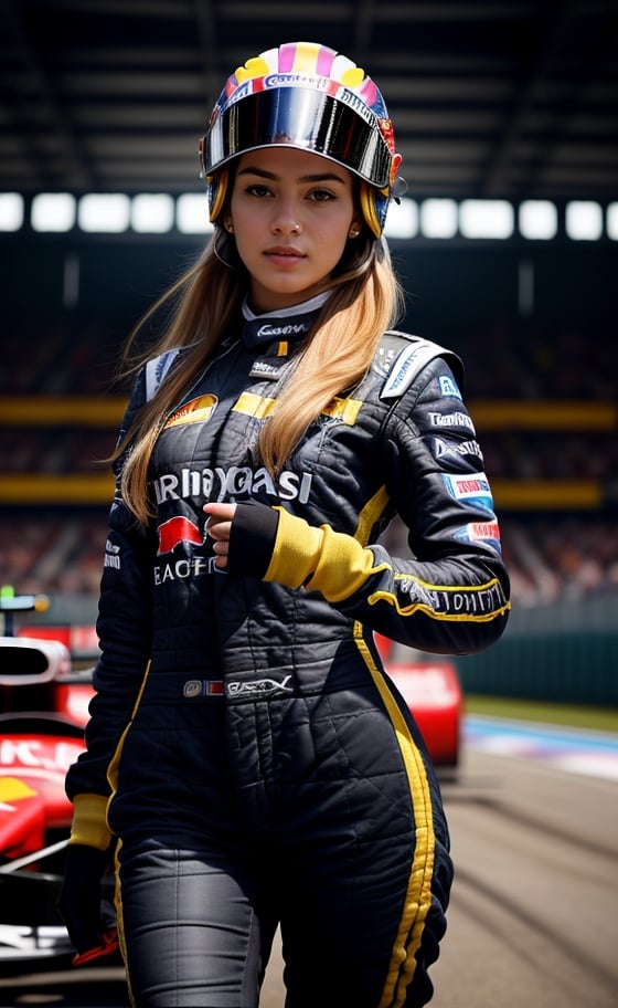 super realistic image, high quality uhd 8K, of 1 girl, detailed realistic ((slim body, high detailed)), (tall model), long bonde hair, high detailed realistic skin, (formula one racing driver uniform), (helmet racing driver in right hand), real vivid colors, standing,girl,