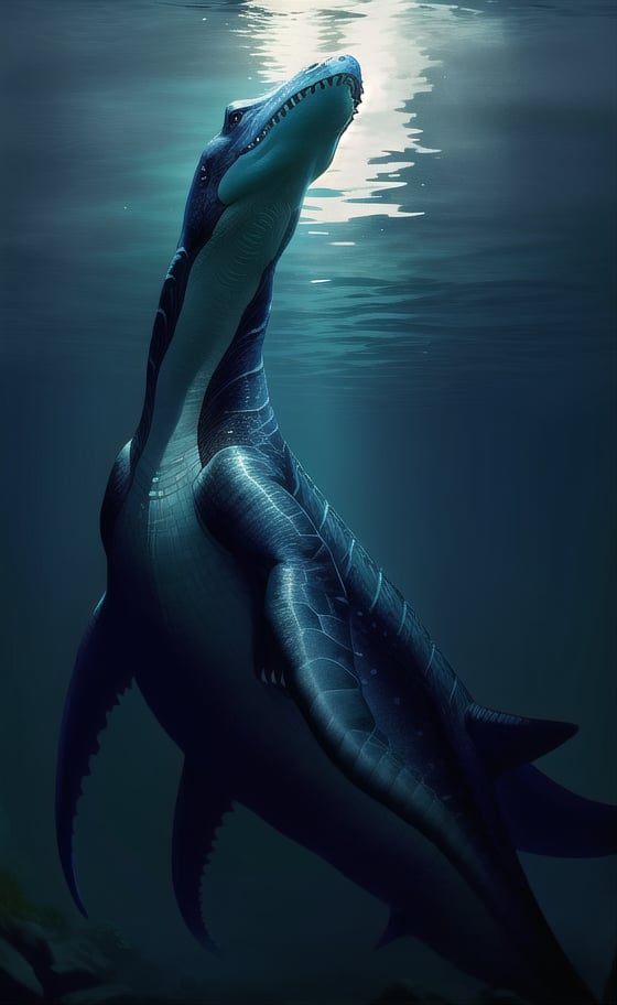 at night, beautiful creature under the water, Nessy plesiosaur Scottish mythology, fantasy atmosphere, swimming under Loch Ness, moonlight, good lighting, submerged photorealistic image, masterpiece, high quality, sharp focus