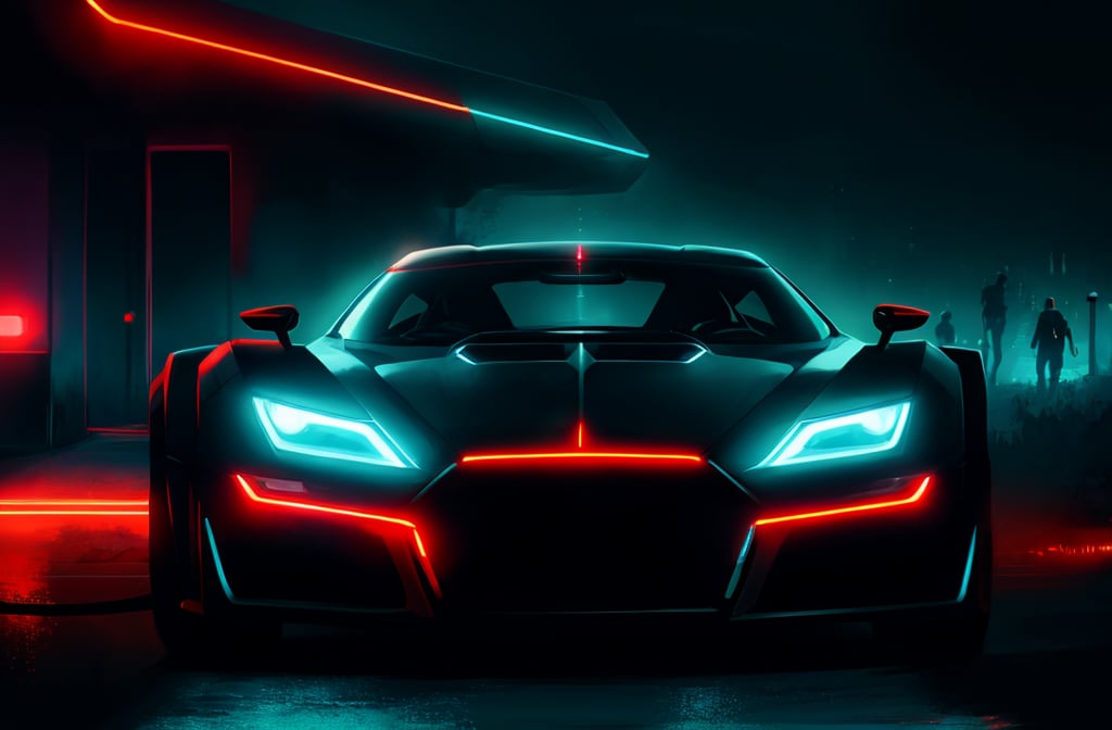 photorealistic image, masterpiece, high quality 8K, of a futuristic car, Tron legacy, black and red neon lights, good lighting, at night, sharp focus