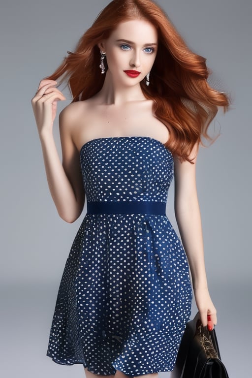 realistic beautiful woman, slim, full body, ((volume long strong red hair)), ((deep blue eyes)), red lips, ((freckles face)), blue strapless dress, walking promenade, (small bag left shoulder)