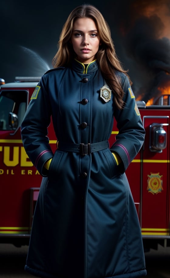 super realistic image, high quality uhd 8K, of 1 girl, detailed realistic ((slim body, high detailed)), (tall model), long brunete hair, high detailed realistic skin, (firefighter uniform against fire), ((firefighter large open coat)), real vivid colors, standing