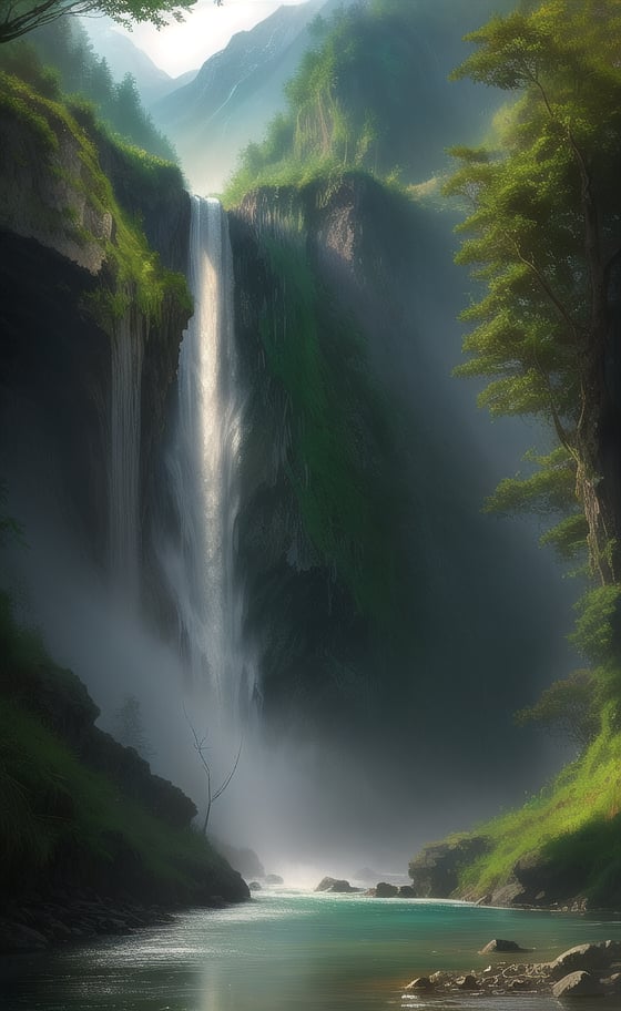 at day, beautiful waterfall between mountains, torrent of falling water, fantasy atmosphere, green environment, river, good lighting, photorealistic image, masterpiece, high quality, sharp focus