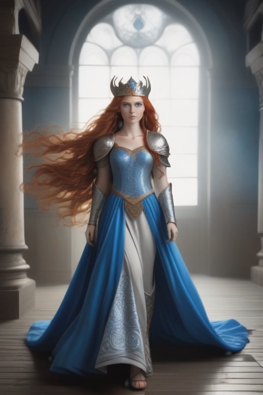 beautiful woman, full body view, viking princess, ((intense blue eyes)), ((redhead with long volume hair)), viking princess dress golden embroidery, silver winged crown