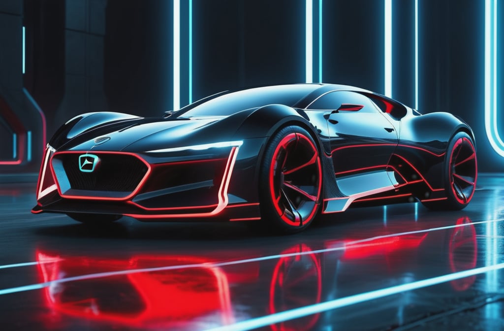 photorealistic image, masterpiece, high quality 8K, of a futuristic car, Tron legacy, black and red neon lights, good lighting, at night, sharp focus