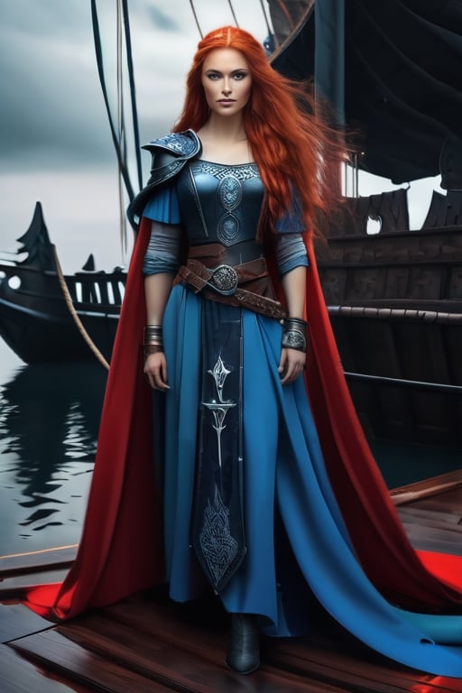 realistic beautiful woman full body, viking princess, (long bright red hair), (deep blue eyes), blue viking princess dress, metal shoulder pads, (princess belt with runes), on prow of drakkar ship,kristinapimenova