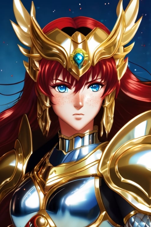 
realistic beautiful woman, ((realistic saint seiya pisces gold armor)), ((intense blue eyes)), ((intense bright red hair, medium length)), ((small red freckles))