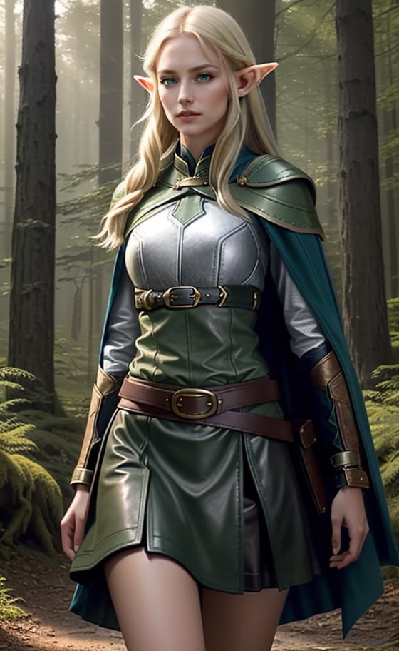 Photorealistic image ((Masterpiece)), ((high quality)) UHD 8K, of a beautiful girl, Viking elf warrior, (slim, thin, tall model), (long elf ears), (medium chest), (thin waist), (hair long blonde), (deep blue eyes), (((Leather armor with short green skirt and intricate details, Various belts at waist))), (Arrow holster at waist), ((blue cape)), (in the forest), Natural lighting, professional DSLR camera,high_elf_archer