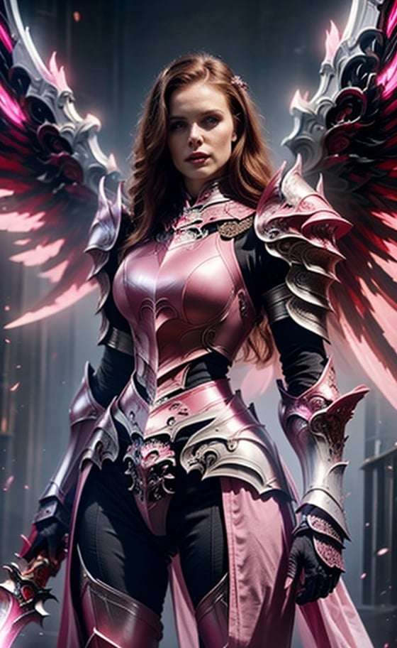 (masterpiece, best quality:1.2), Character design, ((1 girl, solo)), warrior of xian, slim body, medium chest, skinny waist, ((long deep red hair)). blue eyes. (((pink fantasy armor a female knight in a pink full armor))), (((big pauldrons, intricate details))), (((large armor wings))), (((advanced weapon fantasy plasma sword in right hand))), (standing), plain gray background, masterpiece, HD high quality, 8K ultra high definition, ultra definition,1 girl,Masterpiece