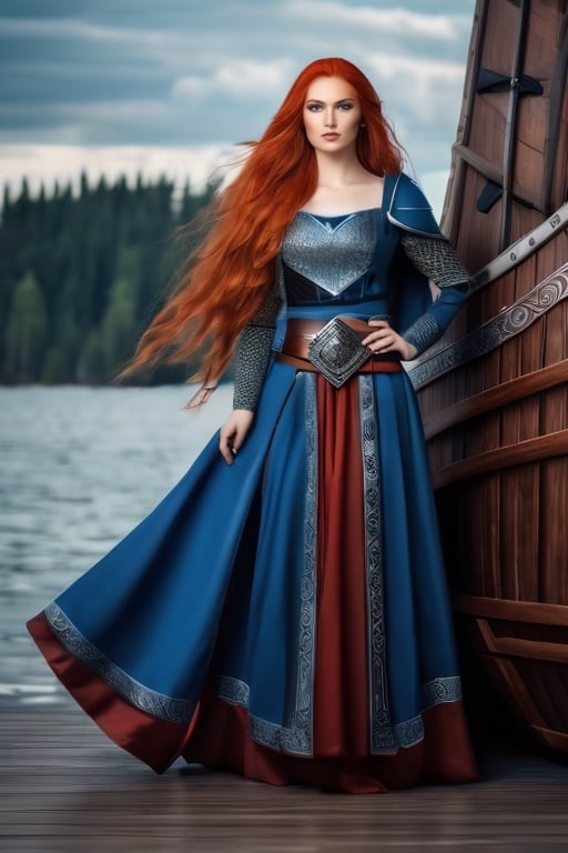 realistic beautiful woman full body, viking princess, (long bright red hair), (deep blue eyes), blue viking princess dress, metal shoulder pads, (princess belt with runes), on prow of drakkar ship,kristinapimenova