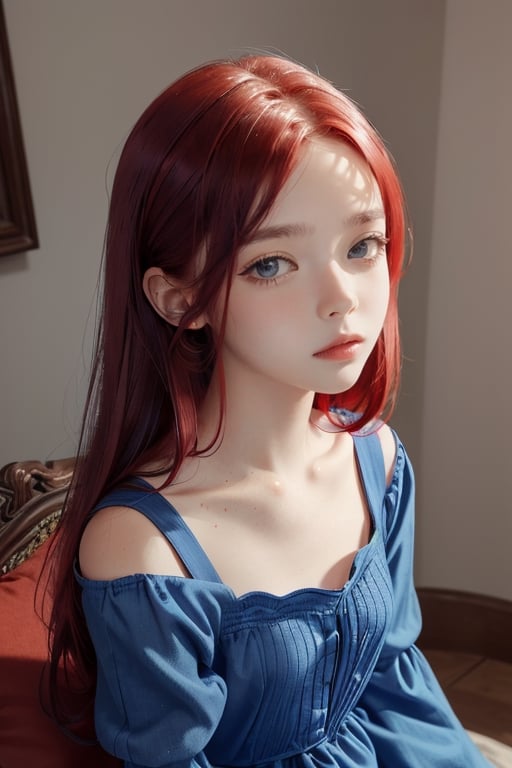 
beautiful woman, ten years old, image of face, ((intense blue eyes)), ((bright deep red hair, medium length)), blue dress, ((small red freckles))