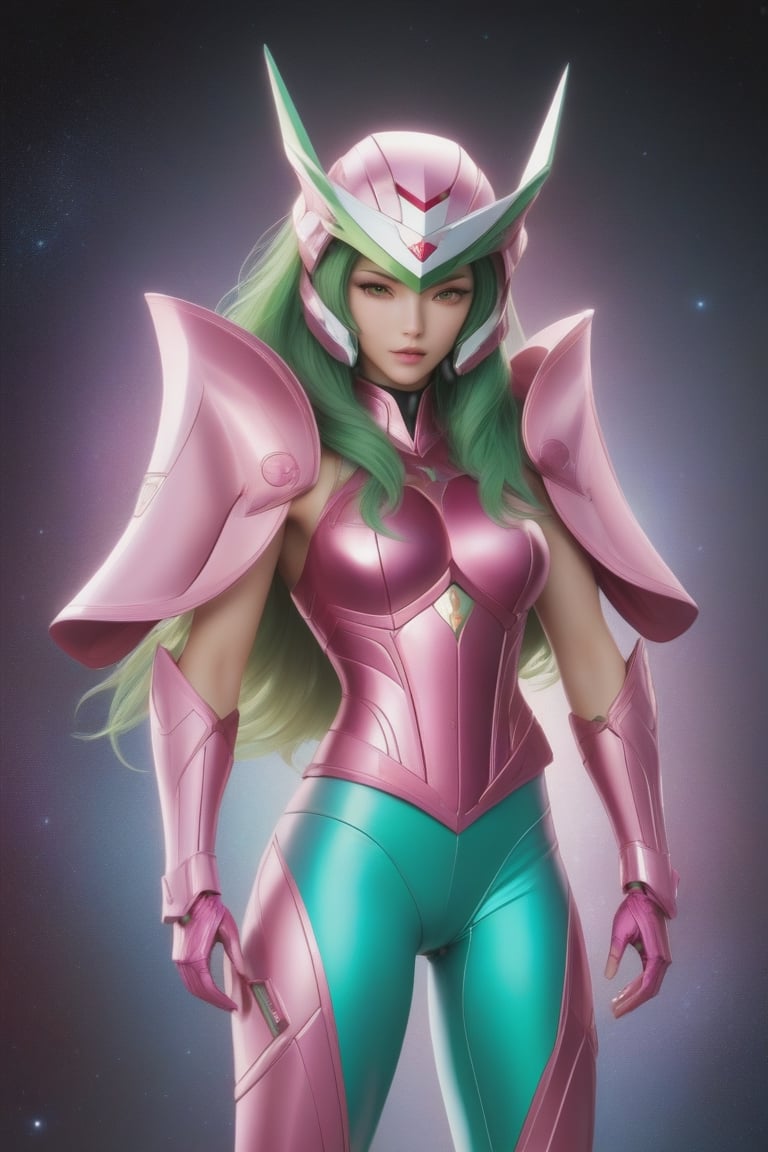 8k realistic image of tall and slim woman, perfect chest, slim waist, ((long wavy green hair)). ((metallic pink andromeda shun armor from neck to waist, without shoulder pads)), ((metallic pink armor that covers the upper arm and extends over the shoulder)), ((metallic pink helmet))