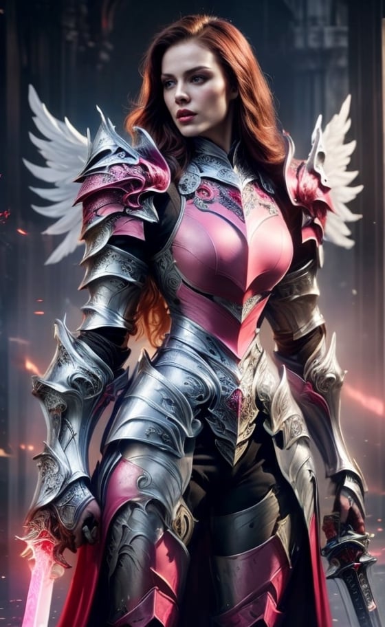 (masterpiece, best quality:1.2), Character design, ((1 girl, solo)), warrior of xian, slim body, medium chest, skinny waist, ((long deep red hair)). blue eyes. (((pink fantasy armor a female knight in a pink full armor))), (((big pauldrons, intricate details))), (((large armor wings))), (((advanced weapon fantasy plasma sword in right hand))), (standing), plain gray background, masterpiece, HD high quality, 8K ultra high definition, ultra definition,1 girl