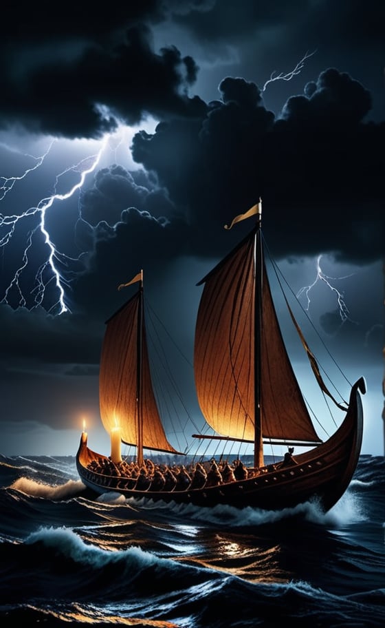 at night, two Viking boats sailing through a raging sea, lightning and thunder in the sky, (((with a single candle in the center))), good lighting, realistic, bestial quality, masterpiece, UHD 8k, sharp focus