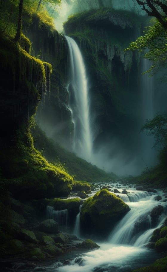 at day, beautiful waterfall between mountains, torrent of falling water, fantasy atmosphere, green environment, river, good lighting, photorealistic image, masterpiece, high quality, sharp focus