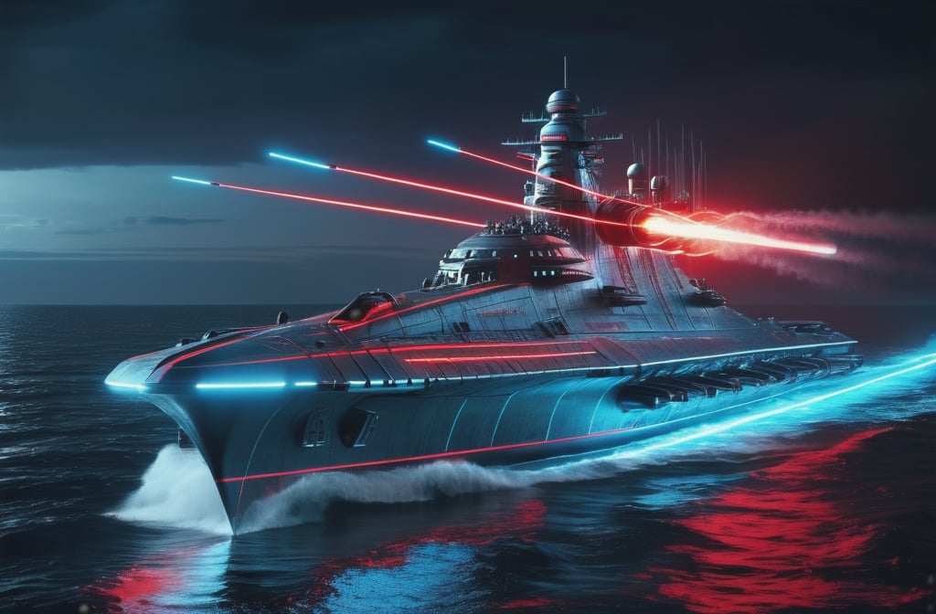 photorealistic image, masterpiece, high quality 8K, of a futuristic science fiction fantasy super long Missouri battleship with triple cannons and laser machine gun nest, Tron legacy, blue and red neon lights, good lighting, sailing through the sea, at night, sharp focus