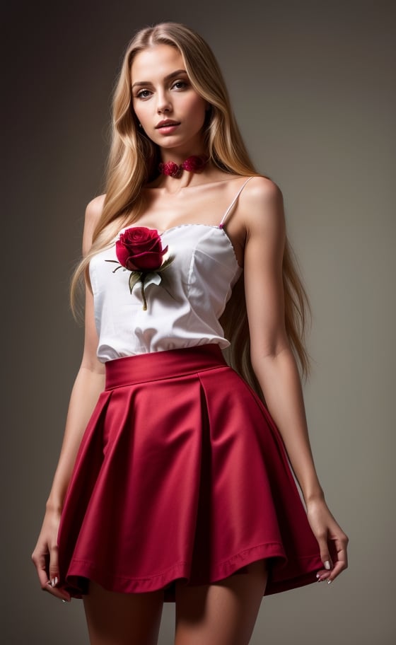 super realistic image, high quality uhd 8K, of 1 girl, detailed realistic ((slim body, high detailed)), (tall model), long blonde hair, high detailed realistic skin, (60s wide knee-length skirt and flat neckline), ((a rose in her hair)), real vivid colors, standing,girl,