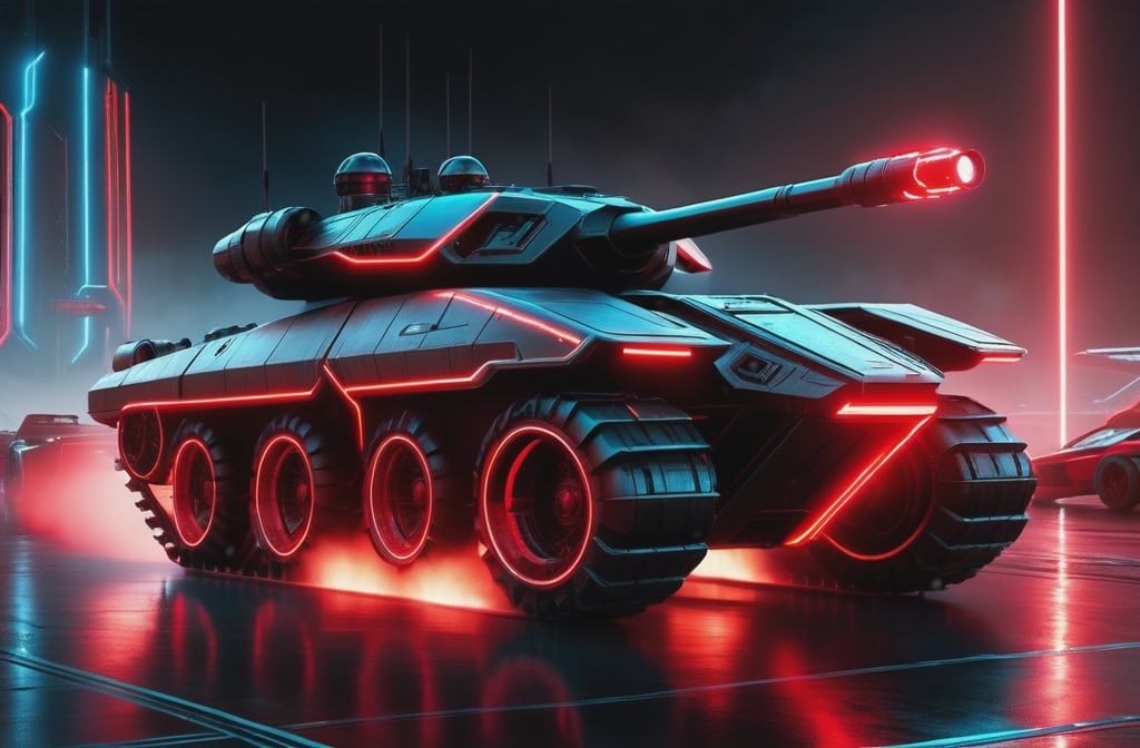 photorealistic image, masterpiece, high quality 8K, of a futuristic science fiction fantasy ((super flying tank)), Tron legacy, black and red neon lights, good lighting, at night, sharp focus