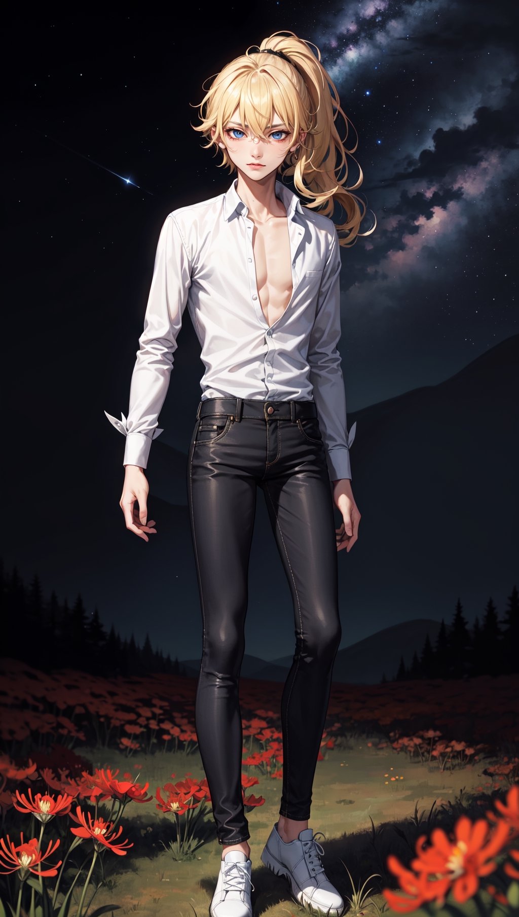 (masterpiece, absurdres, ultra detailed), 1man, wavy blonde hair, blue eyes, ponytail, delicate pretty face, (androgynous:1.3), male body, flat chest, detailed eyes and face, white shirt dress, black jeans, shoes, full body shot, lycoris field, spider lily flowers, starry sky, milky way, night, dramatic lighting, tenebrism 