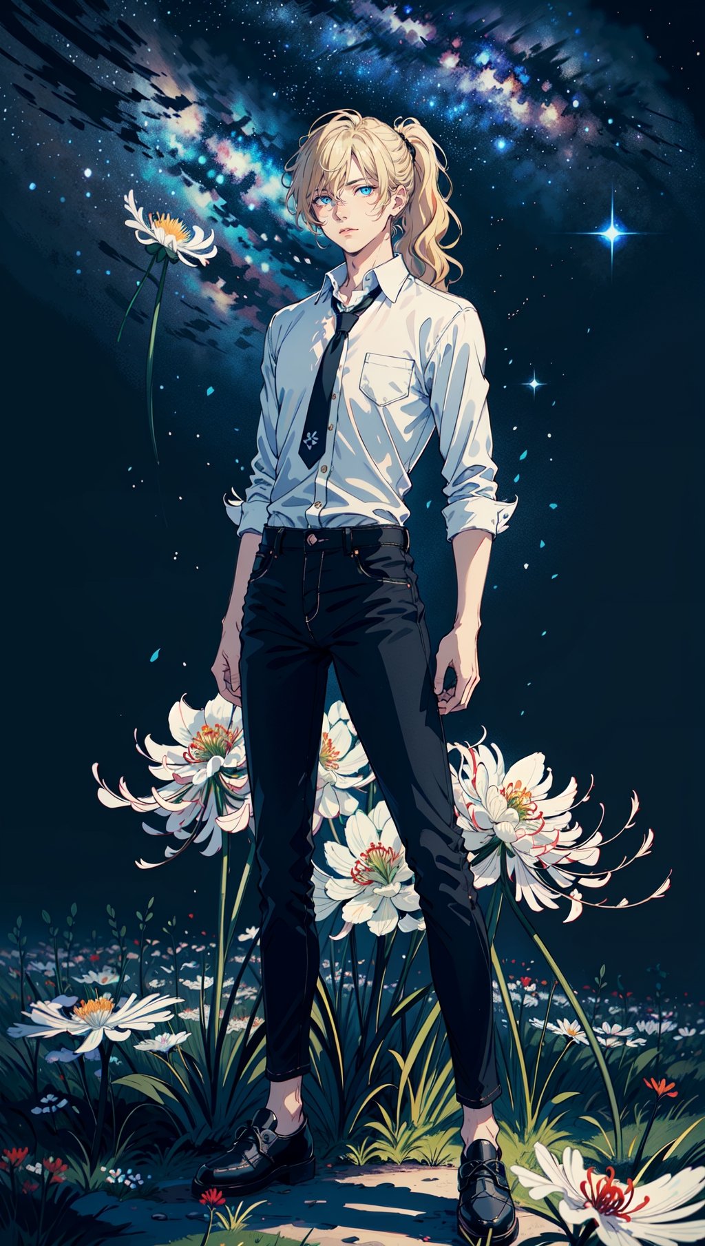 (masterpiece, absurdres, ultra detailed), 1man, wavy blonde hair, blue eyes, ponytail, delicate pretty face, (androgynous:1.3), male body, flat chest, detailed eyes and face, white shirt dress, black jeans, shoes, full body shot, lycoris field, spider lily flowers, starry sky, milky way, night, dramatic lighting, tenebrism 