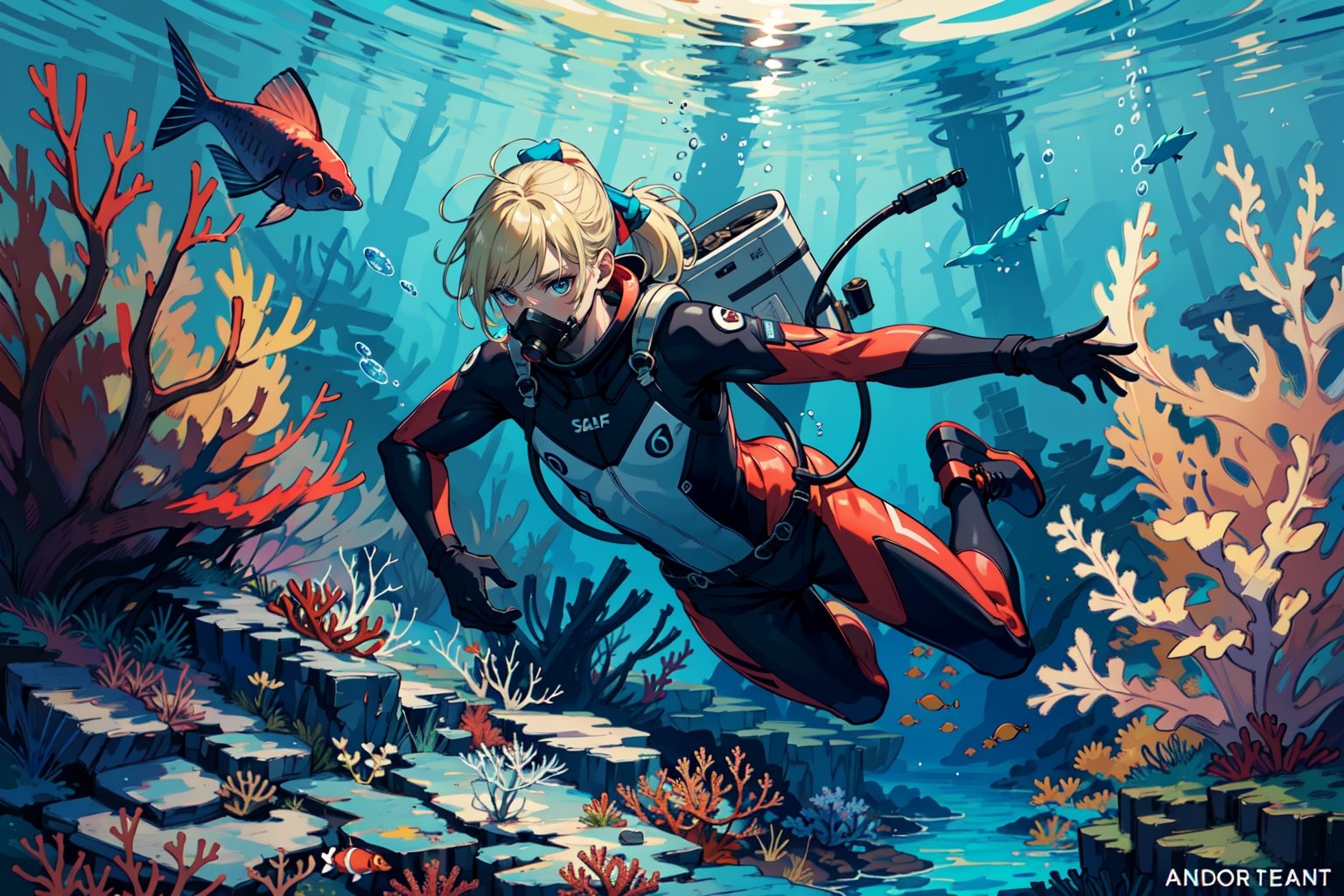 (masterpiece, high quality, absurdres) 1man, blonde hair, ponytail, blue eyes, delicate face, androgynous, male body full body, diving suit, diving mask, partially underwater, seaweeds, coral reefs, air bubbles, fishes, seashells 