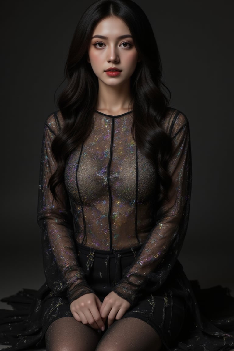 A striking image: a woman with long dark brown hair sits majestically on a sleek black surface, . Her porcelain skin is set off by the vibrant red hue of her lips, while the stark contrast between her glowing hologram shirt and the all-black background creates an air of sophistication and elegance.