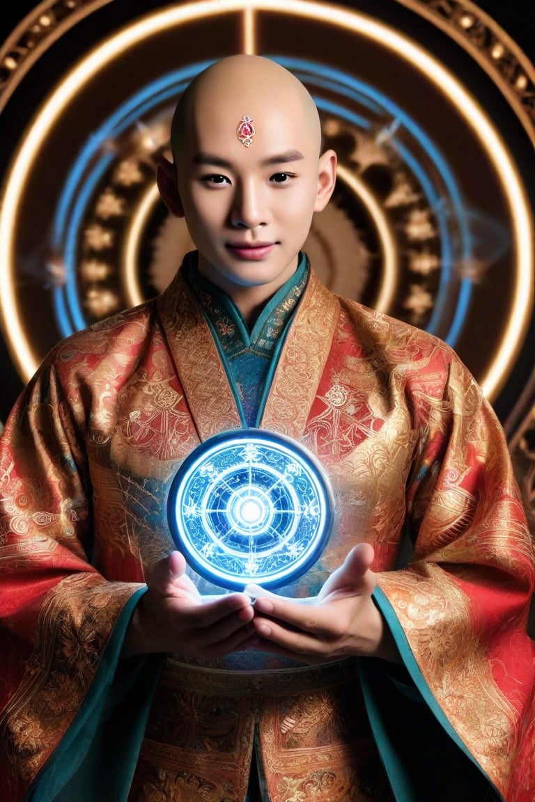 A majestic bald figure with East Asian features wears ornate traditional attire adorned with circular patterns and intricate designs, central forehead marking aglow. Richly decorated robe shines with golden and red motifs, signifying high status or ceremonial significance. Glowing orb in hand emits blue light, focal point amidst futuristic background blending ancient traditions with technological elements, suggesting a harmonious fusion of legacy, power, and enlightenment.