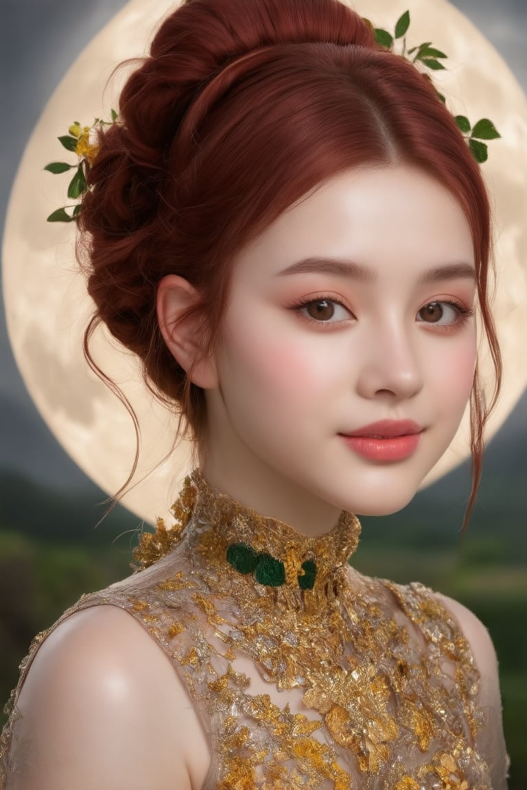 (1girl, smile, face focus, bun hair, perfect face, medium shot, gracefully, golden petals and green flowers form intricate patterns against the backdrop of the moon, reminiscent of the styles of Da Vinci), Detailed texture, High quality, High resolution, High precision, Realism, Color correction, Proper lighting settings, Harmonious composition, Behance Works,detail-rendering,Realistic Enhance,redhead