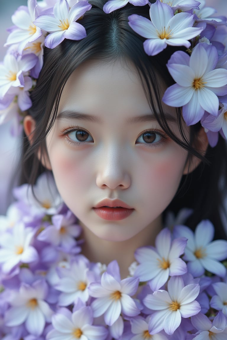 a head shot of a young Chinese girl covered in white and purple flowers, in the style of cyberpunk realism, charming realism, exaggerated facial features, high resolution, enchanted realism, pale palette --chaos 5 --ar 2:3 --style raw --stylize 750 --v 6