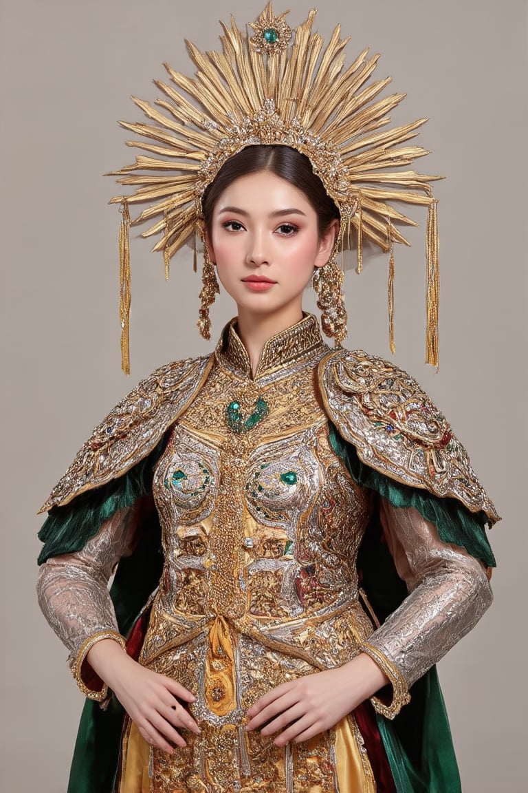 The image presented is a portrait of a young individual dressed in what appears to be a stylized historical or fantasy costume. The attire includes a headpiece resembling a sunburst, which is often associated with regal or divine status in various cultures. The jewelry and accessories suggest a high-status figure, possibly from an ancient civilization. The backdrop is neutral, ensuring that the focus remains on the subject and their elaborate attire. There are no background elements to describe as it is a solid color. The portrait is likely intended to capture the elegance and grandeur of the costume, rather than to convey a specific narrative or setting.