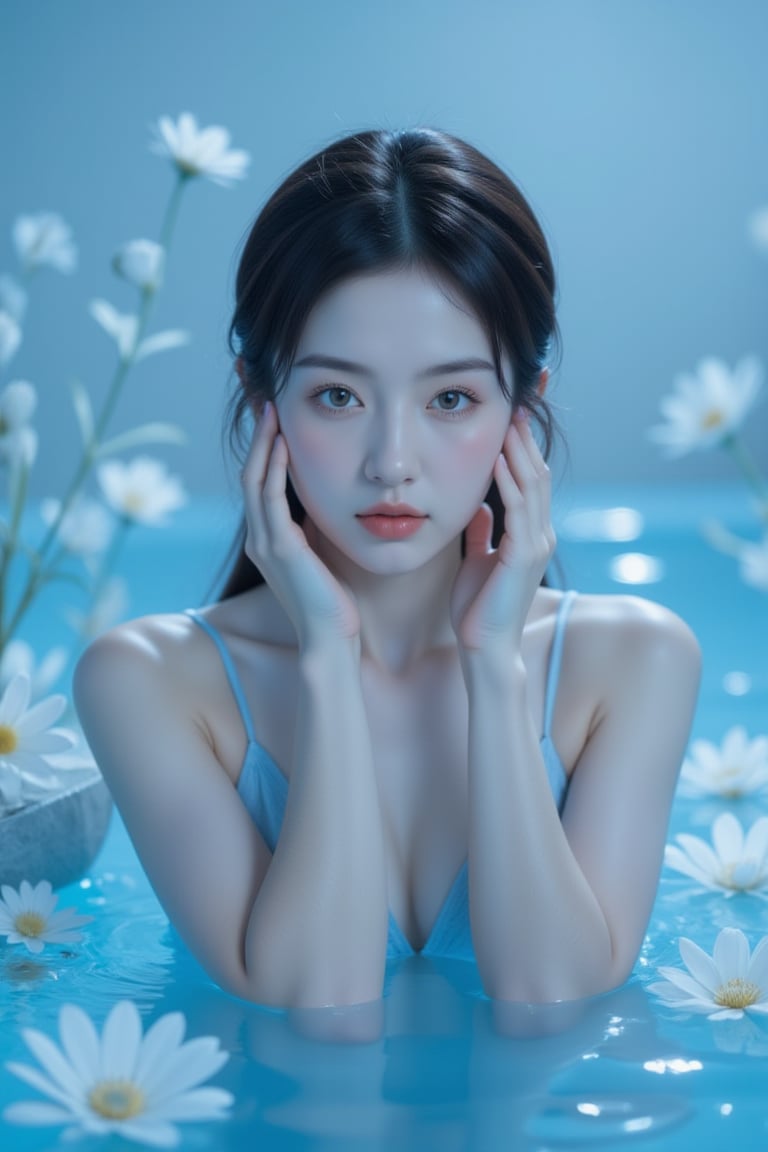 A serene woman cradles her cheek with gentle fingers, bathed in soft blue light. Against a whimsical backdrop of delicate florals and abstract shapes, she exudes tranquility, suspended in meditation. Delicate petals swirl around her, set against a subtle gradient of blues and whites, evoking the peaceful atmosphere of a still pond at dawn.