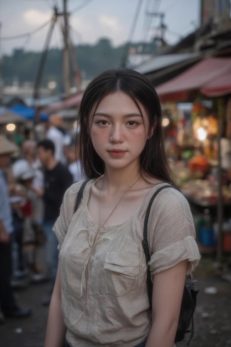 A photorealistic portrait of an excited girl with dreamy blue eyes, her weathered face illuminated by the soft golden hour light. From a bird's-eye view, she stands amidst bustling port town market stalls and ships, vibrant colors contrasting starkly with her worn features. Framed by this vivid backdrop, her expression shifts from weary to contemplative as thoughts wander to far-off lands. Shadows accentuate rugged textures of her well-traveled clothes, highlighting intricate port details.,Best face ever