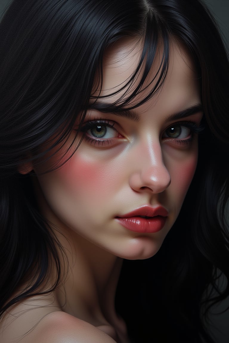 Pastelart a pastel portrait in expressive style of a ripe attractive, dark hair, dark eyes, a wry smile,mysterious lady, 3/4  view, vivid dark palette,  intricately detailed and textured and shaped,  detailmaster2,  high_resolution,  high colour contrast, moody lighting,  ultra quality ,drawing with pastels,perfect eyes