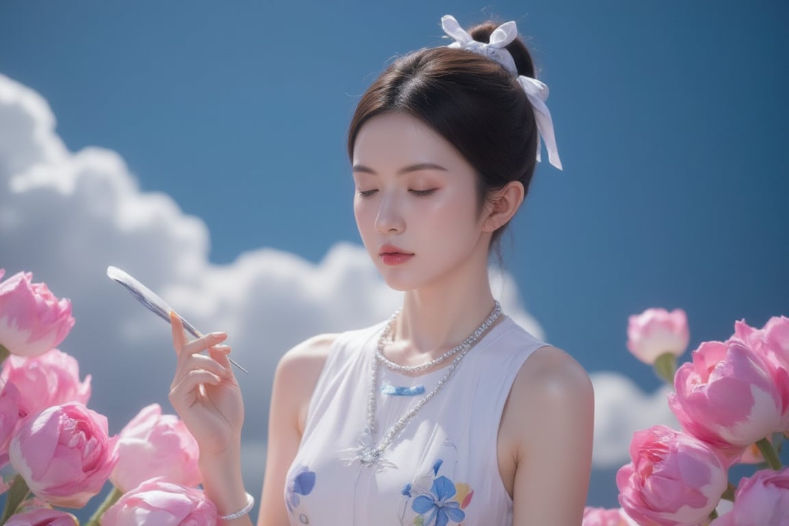 a medium-sized portrait of a young Asian woman, dressed in a white sleeveless dress, adorned with blue accents. Her hair is styled in a low bun, with a white ribbon tied around her neck. She is adorned with a silver necklace and a bracelet, adding a touch of charm to her dress. Her eyes are closed, as if she is looking down at something. The backdrop is a deep blue, with wavy white clouds in the sky, creating a striking contrast with the vibrant colors of the flowers. The flowers are arranged in a way that creates a sense of movement, adding depth to the composition.,pink art