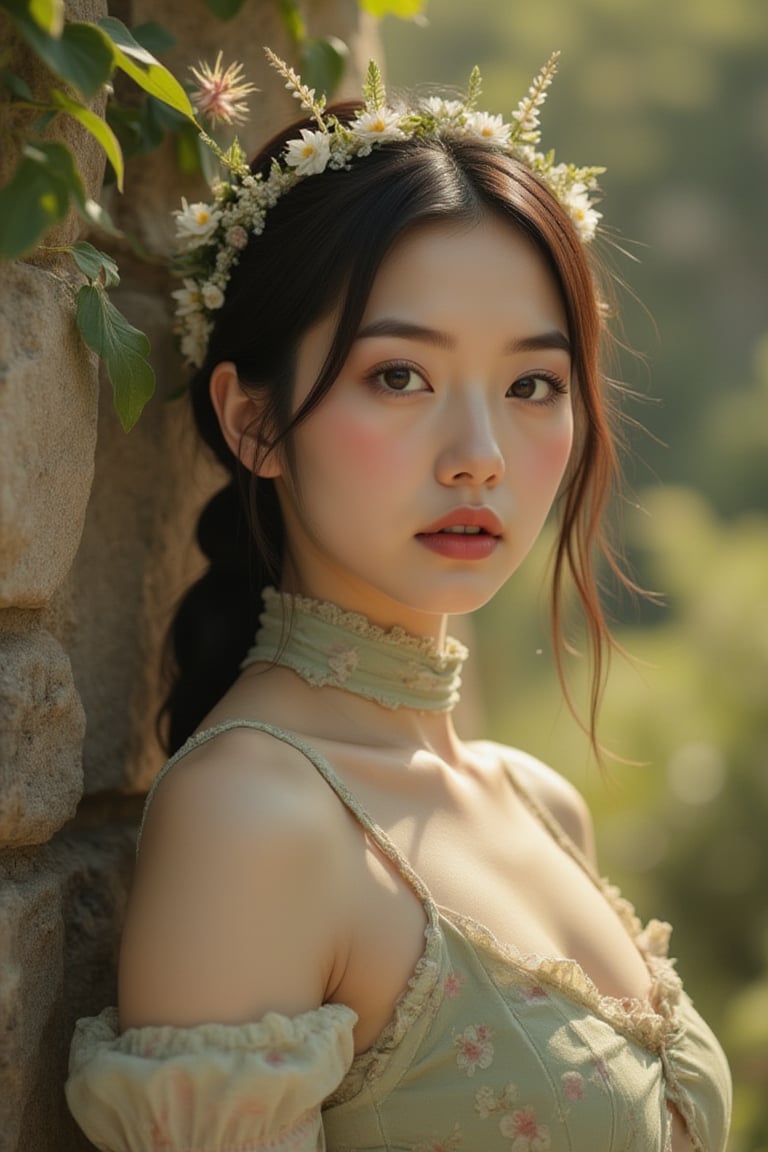 A whimsical portrait of a captivating girl, posed against a warm, sun-kissed stone wall, with lush greenery and vibrant wildflowers spilling over her shoulders. Soft, golden light dances across her porcelain skin, illuminating the gentle curve of her smile and the sparkle in her bright blue eyes, as she gazes thoughtfully into the distance.