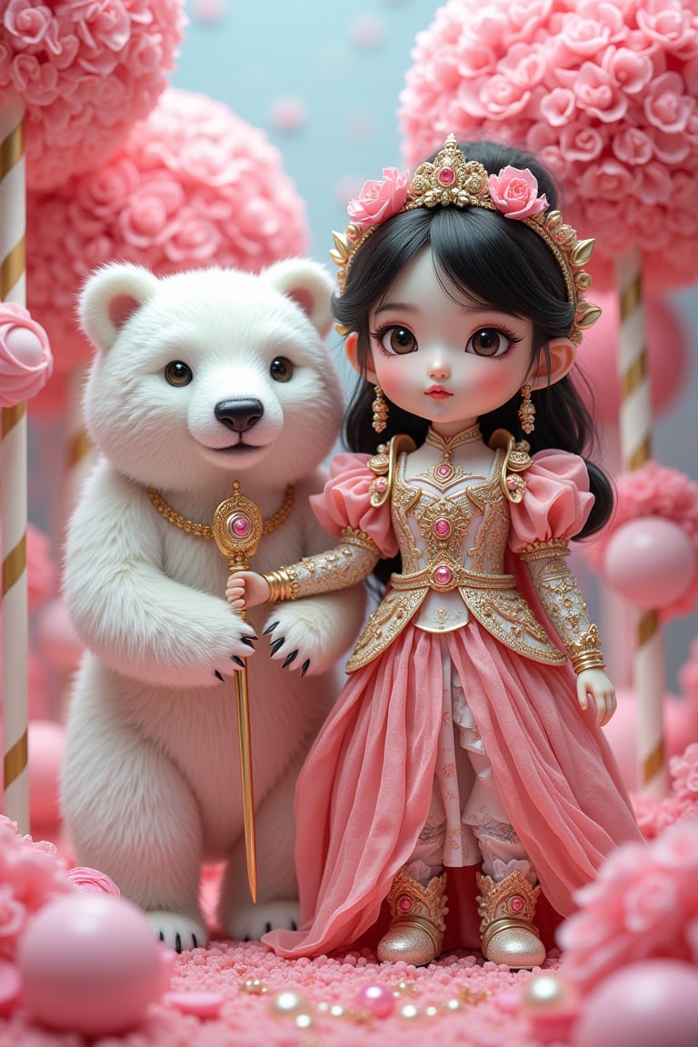 Here is the refined prompt:"Vibrant candy world, intricately detailed Vietnamese doll-like girl, surrounded by swirling lollipops and gumdrop trees, stands confidently with her majestic white bear companion, both adorned with intricate armor and regal attire, ready to face the ominous dark forces in an epic battle."