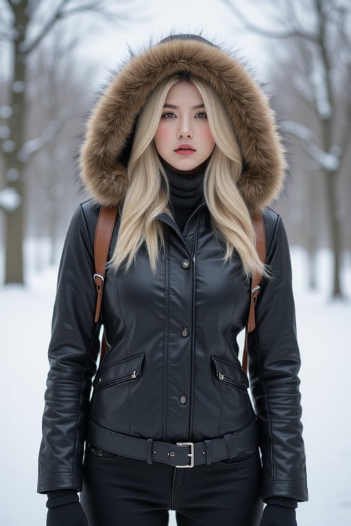 A blonde woman stands at eye-level, her hair flowing over shoulders in a winter wonderland setting. A black leather jacket and brown leather backpack adorn her frame, while black gloves add a touch of edginess. A warm brown fur hood on her coat provides contrast to the blurred background, drawing attention to her striking outfit.