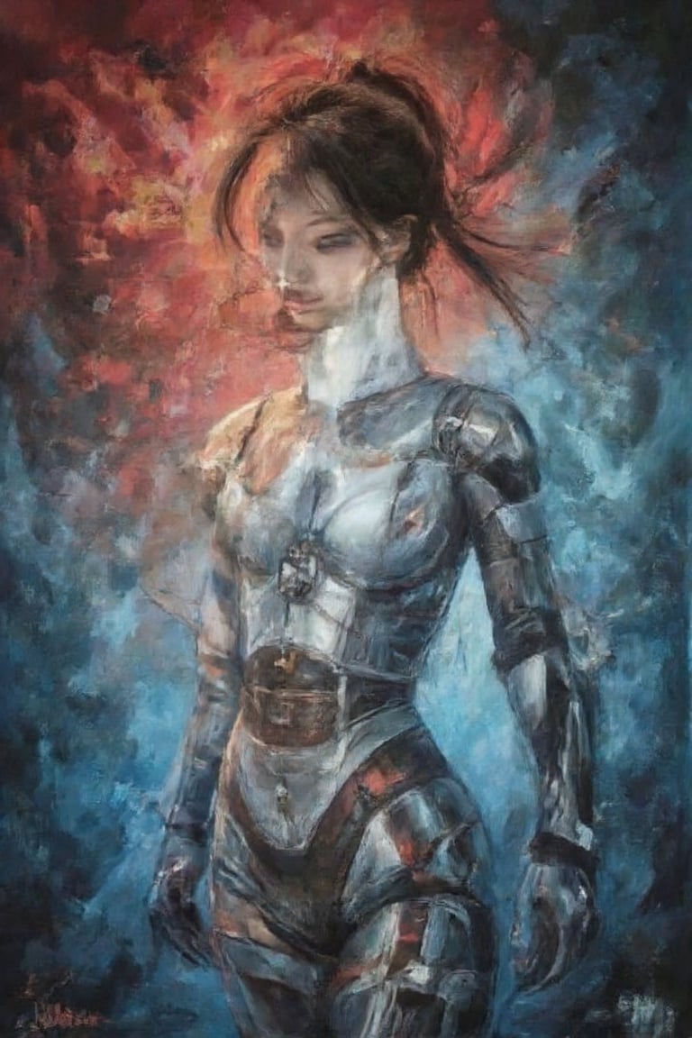 A teenage cyborg, enhanced with futuristic appendages, stands amidst an eerie red backdrop and mesmerizing blue gradient. Her hair disintegrates into powder as it drifts away from her head, as if suspended in a dreamlike state. Brushstrokes of varying thickness and texture convey the portrait's abstract essence, while HDR lighting accentuates the subject's features, inviting the viewer to unravel the mystery.,Best face ever