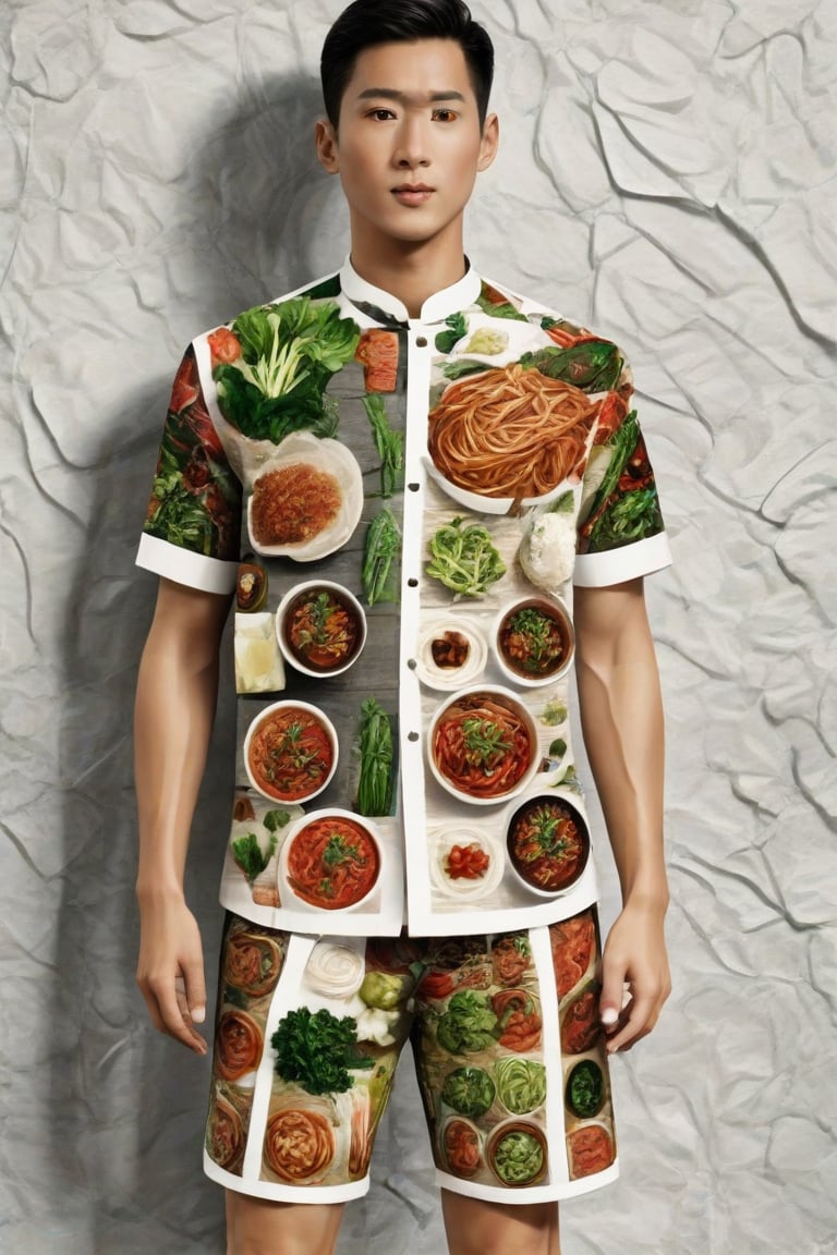 The image is an artistic representation of a male figure wearing a unique outfit. The outfit is a shirt and shorts that are designed to resemble a variety of the  Vietnamese white noodles, vegetables, meat, and sauces, arranged in a pattern that covers the entire garment. The figure is standing against a plain background with a textured appearance. Notable features include the detailed depiction of the food items on the clothing and the signature of the artist at the bottom right corner. The overall impression is one of creativity and fashion, blending the concept of clothing with culinary art.,Enhanced Realistic,Pho