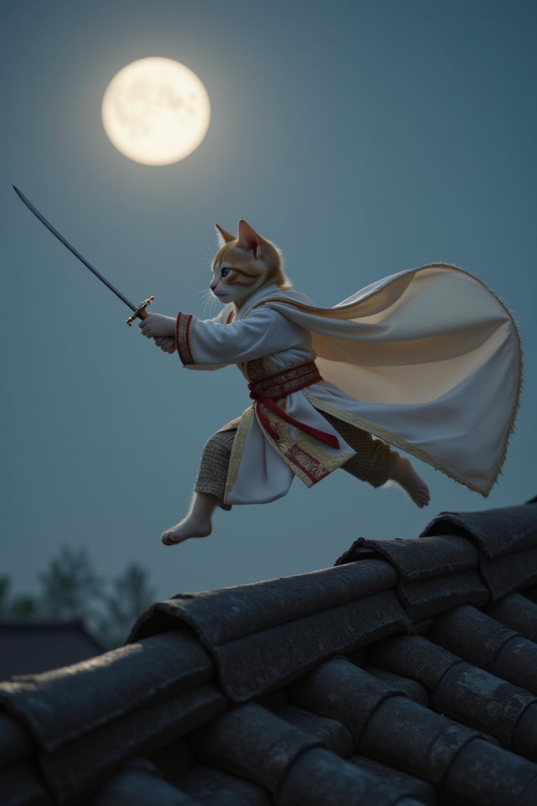 Cinematic long shot of a fearless warrior-kitten perched atop a tiled rooftop, sword at the ready as they soar through the air, feet dangling just above the edge. A flowing ancient Chinese robe billows behind them like a cape, illuminated by the radiant glow of a bright moon hanging low in the night sky. In a flash of martial arts prowess, the kitten's movements are a blur of paws and swordwork, defying gravity and capturing the essence of Chinese combat.