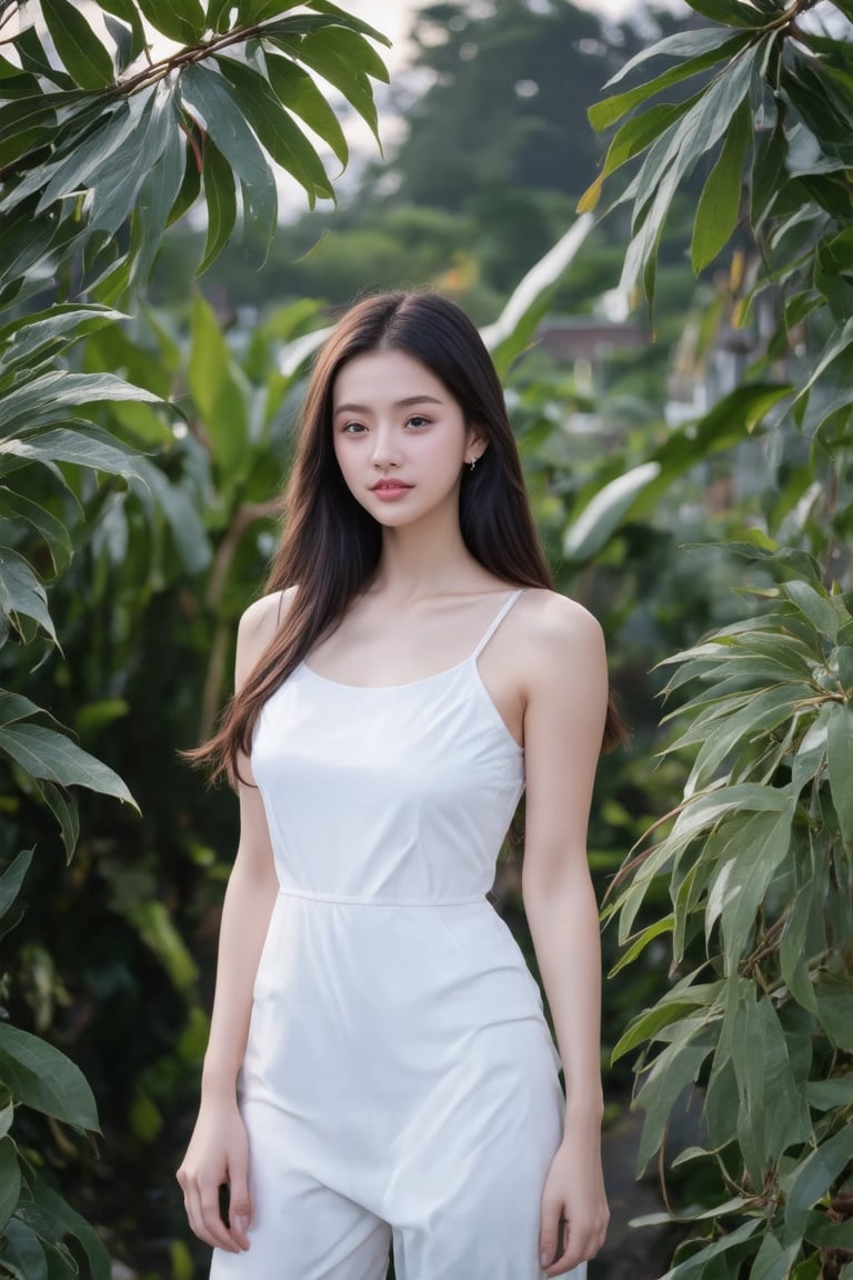 In the image, a young woman is the central figure, surrounded by lush green foliage that suggests a natural, possibly tropical environment. Her attire is minimalistic, with a white garment that adds to the serene and untouched aesthetic of the photograph. The woman's gaze is directed towards the camera, and we can see her made-up perfectly face with detailed. The leaves encircling her create a frame around her face, emphasizing her presence while also drawing attention to the rich textures and colors of the surrounding vegetation. The overall impression is one of harmony between the subject and her environment, captured in a moment of quiet beauty.,1girl