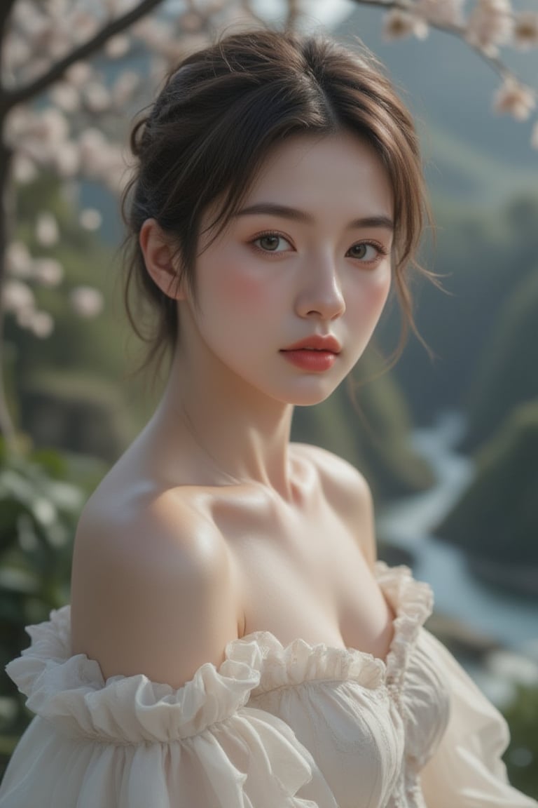 A serene and delicate portrait of an individual's visage, set amidst a picturesque spring landscape. The subject's ultra-detailed features - eyes, mouth, hands, and clothes - are rendered with utmost precision. Amidst the lush forest and meandering rivers, their gentle expression radiates harmony. In the background, symmetrical intricate details and sharpened scenery converge to create an immersive atmosphere, reminiscent of a best-quality impressionist masterpiece.,Enhanced all,luxury style,babe