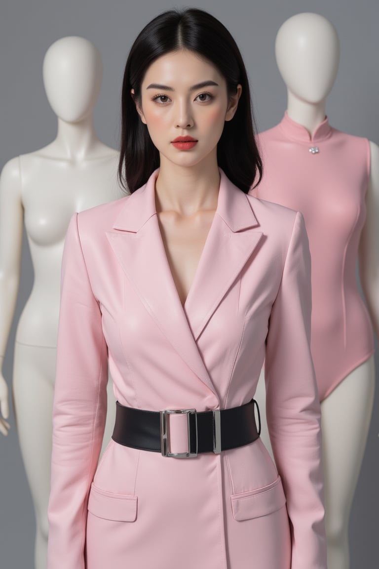 A woman stands confidently before a blurred mannequin backdrop, wearing a striking pastel leather jumpsuit. A black belt with a silver buckle accentuates her silhouette, while her sleek bob and piercing gaze command attention. The bold, high-contrast composition juxtaposes the soft colors of her outfit against the fuzzy backdrop, creating a dramatic fashion statement.