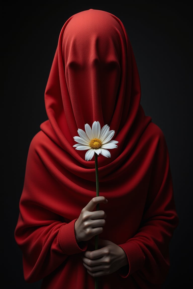 A red cloth drapes the figure's form, shrouded in mystery. Amidst the darkness, a solitary white chrysanthemum blooms, its delicate petals a beacon of hope. The anonymous subject's obscured features belie their story, as the camera captures a minimalist composition of rich textures and monochromatic hues. Best quality, a masterpiece emerges, where shadows dance and secrets simmer beneath the surface.