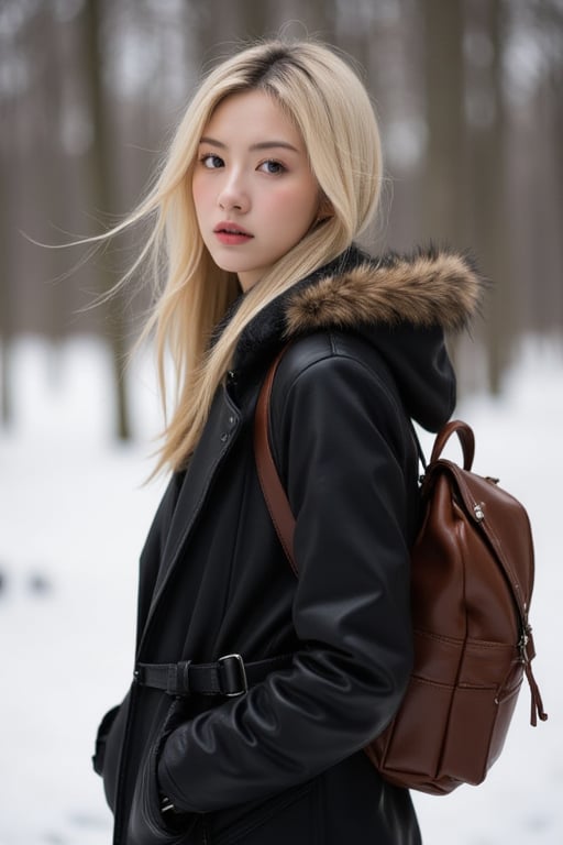 Captured at eye-level, a blonde woman stands in a winter scene, her hair cascades over her shoulders. She is dressed in a black leather jacket, a brown leather backpack, and black gloves. Her coat is adorned with a brown fur hood, adding a touch of warmth to her outfit. The background is blurred, creating a stark contrast to the woman's outfit.